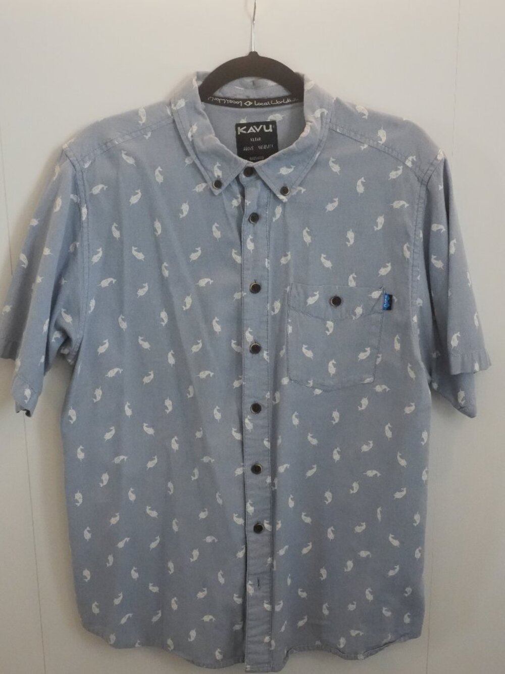KAVU Button-Up Shirt Light Blue Narwhal Print Short Sleeve Men's L